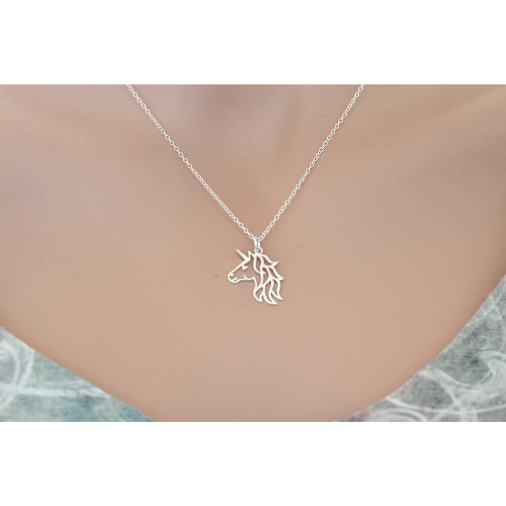 Sterling Silver Unicorn Charm - Openwork Unicorn Head Necklace,
